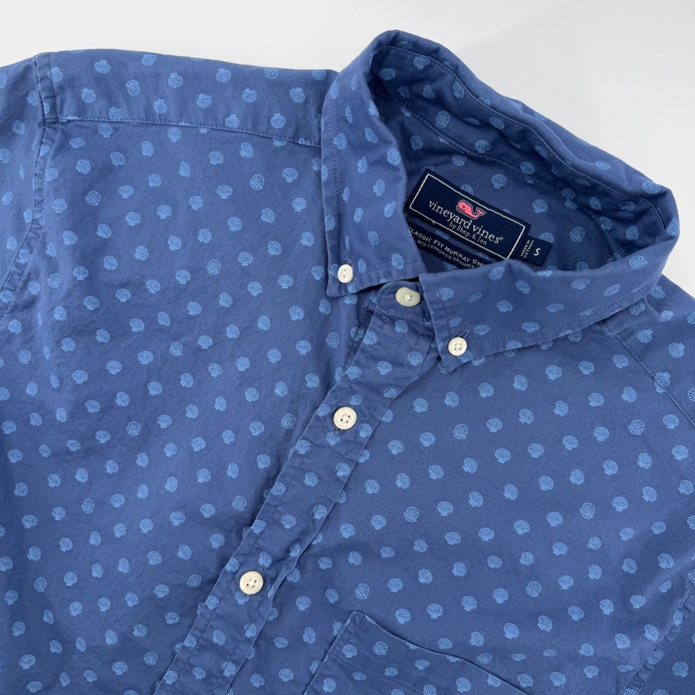 Vineyard Vines Button Down Mens Small Blue Seashell Print Short Sleeve Shirt